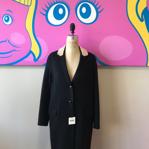 Moschino Black Wool Felt Faux Pearl Trim Coat